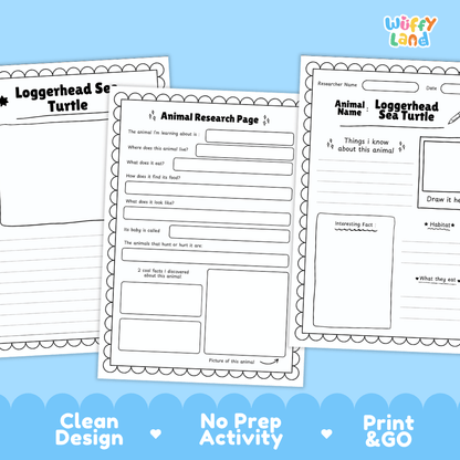 Loggerhead Sea Turtle Animal Research Pages and Worksheets