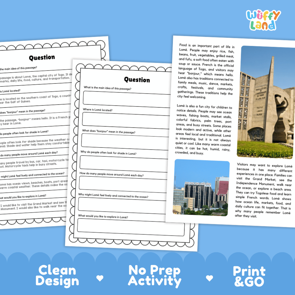Student reading passage titled A City by the Gulf of Guinea detailing Lome Togo Independence Monument Grand Market Gulf of Guinea and city photography
