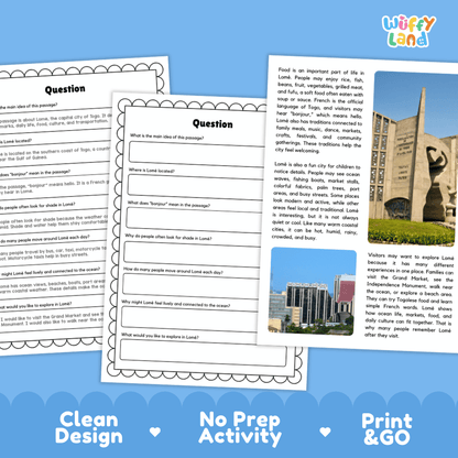 Student reading passage titled A City by the Gulf of Guinea detailing Lome Togo Independence Monument Grand Market Gulf of Guinea and city photography