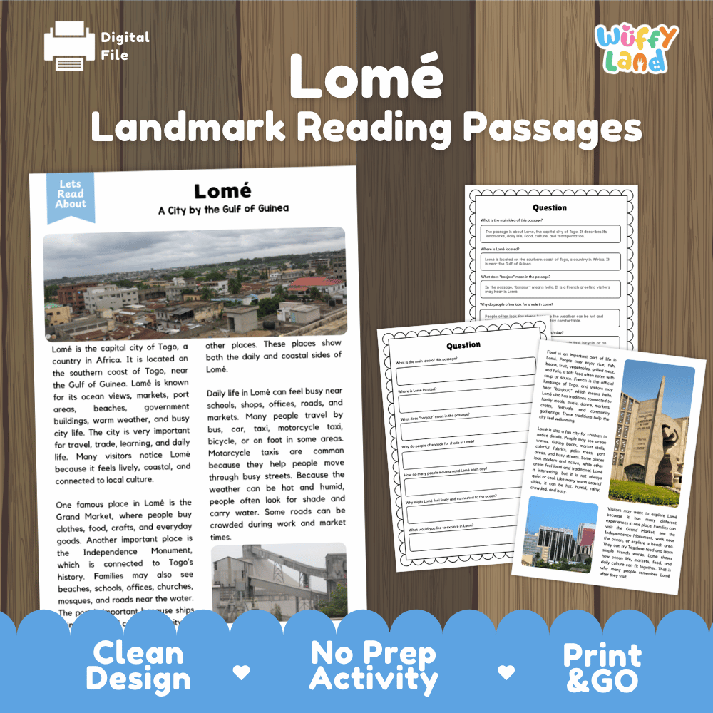 Lome landmark reading passage and comprehension worksheet educational unit featuring nonfiction text and authentic Togo Independence Monument photography