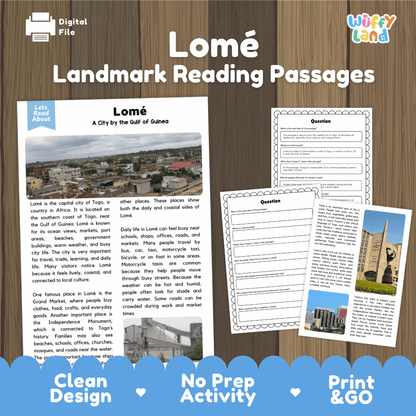 Lome landmark reading passage and comprehension worksheet educational unit featuring nonfiction text and authentic Togo Independence Monument photography