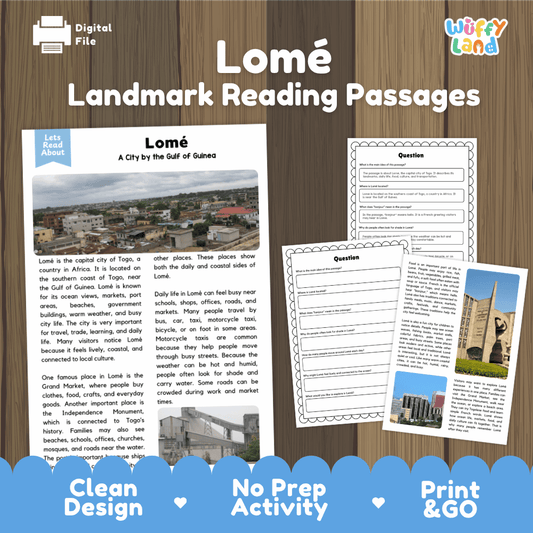 Lome landmark reading passage and comprehension worksheet educational unit featuring nonfiction text and authentic Togo Independence Monument photography