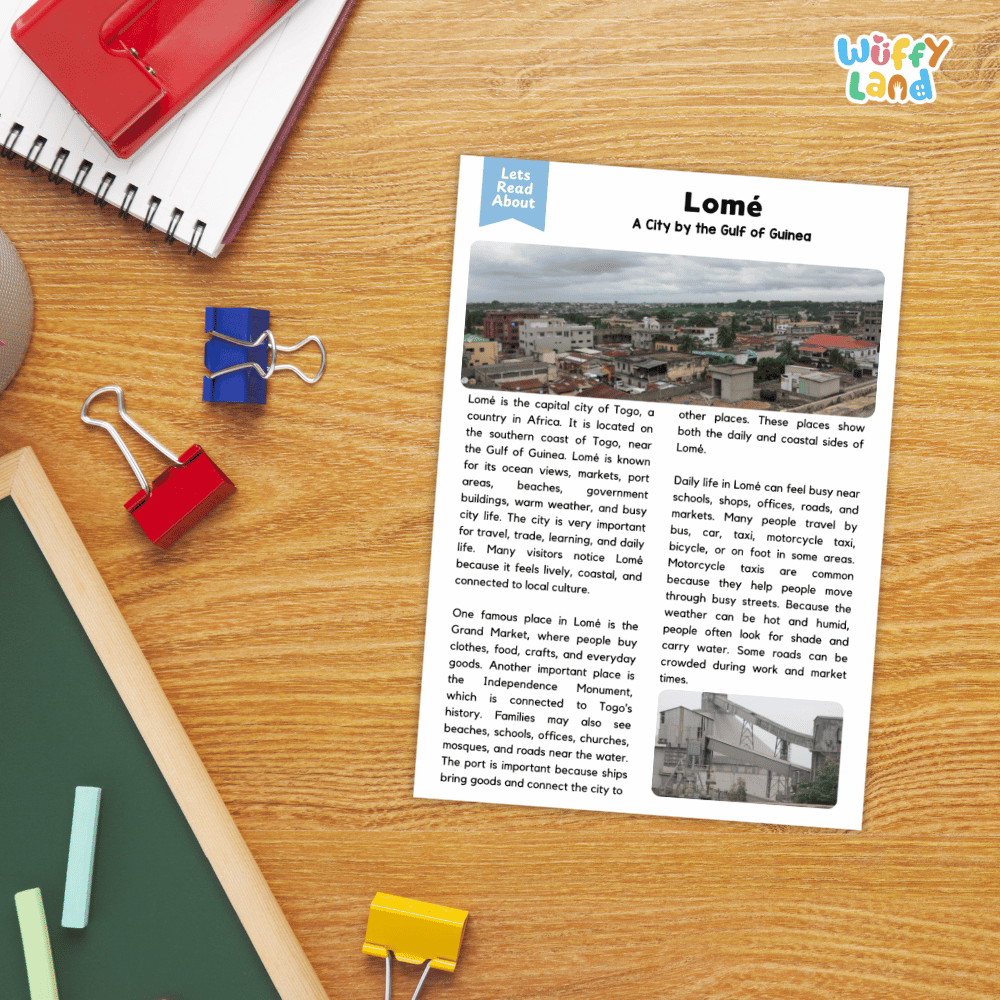 Lined reading comprehension question worksheet covering main ideas vocabulary terms and landmark facts about Lome Togo