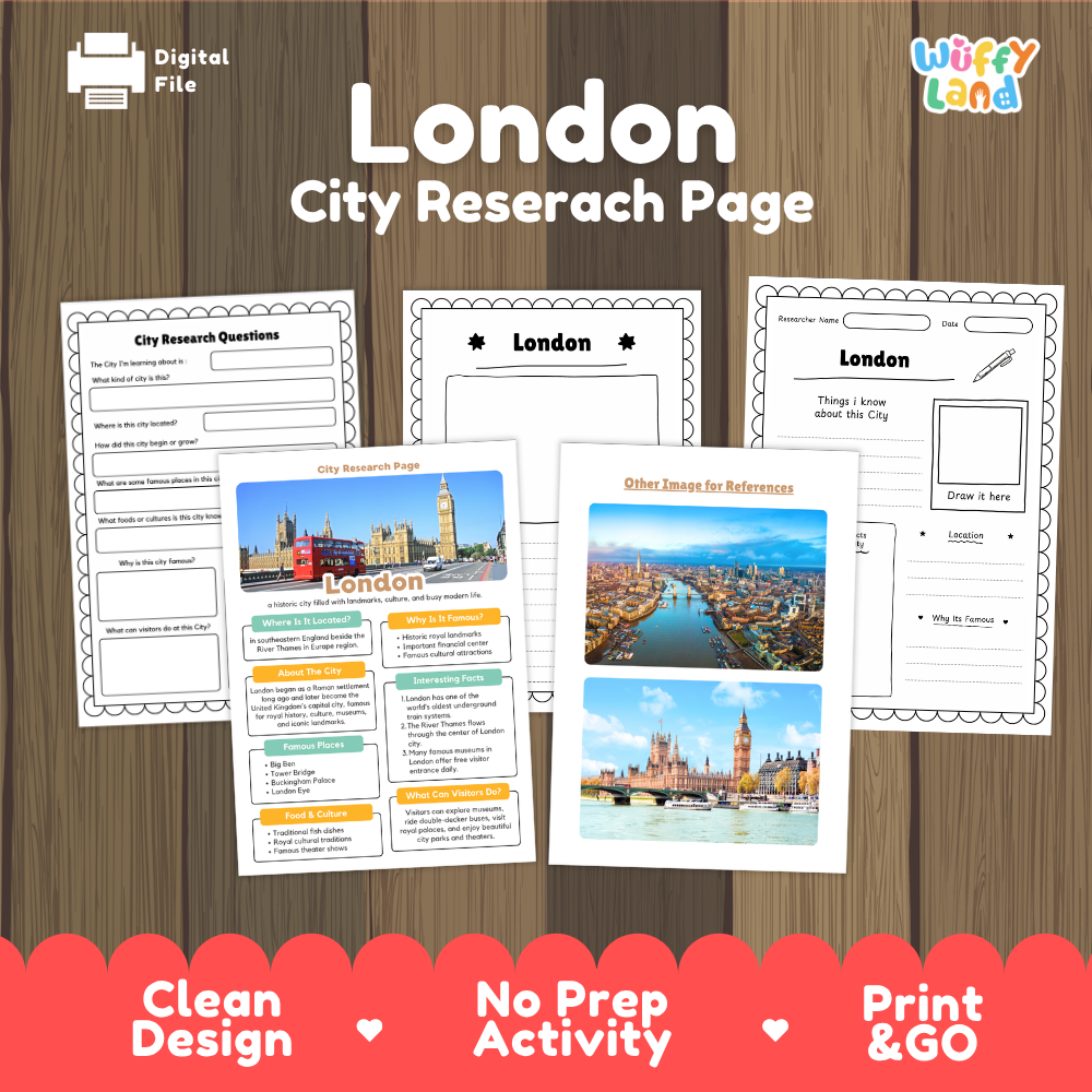 A digital product listing graphic for a 'London City Research Page' activity sheet by 'Wiffy Land'. The graphic shows three printable worksheet pages laid out on a dark wood background, with a red scalloped banner at the bottom highlighting key selling points: 'Clean Design', 'No Prep Activity', and 'Print & GO'.
