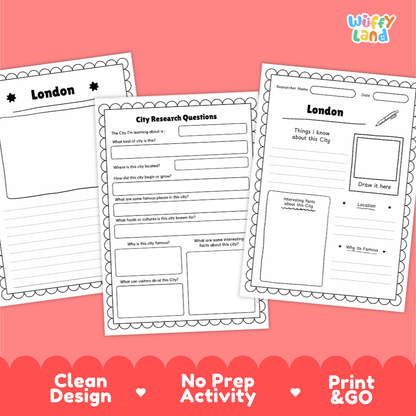 Three printable London city research activity sheets arranged on a coral pink background, with a Wiffly Land logo in the top right and promotional text along the bottom.
