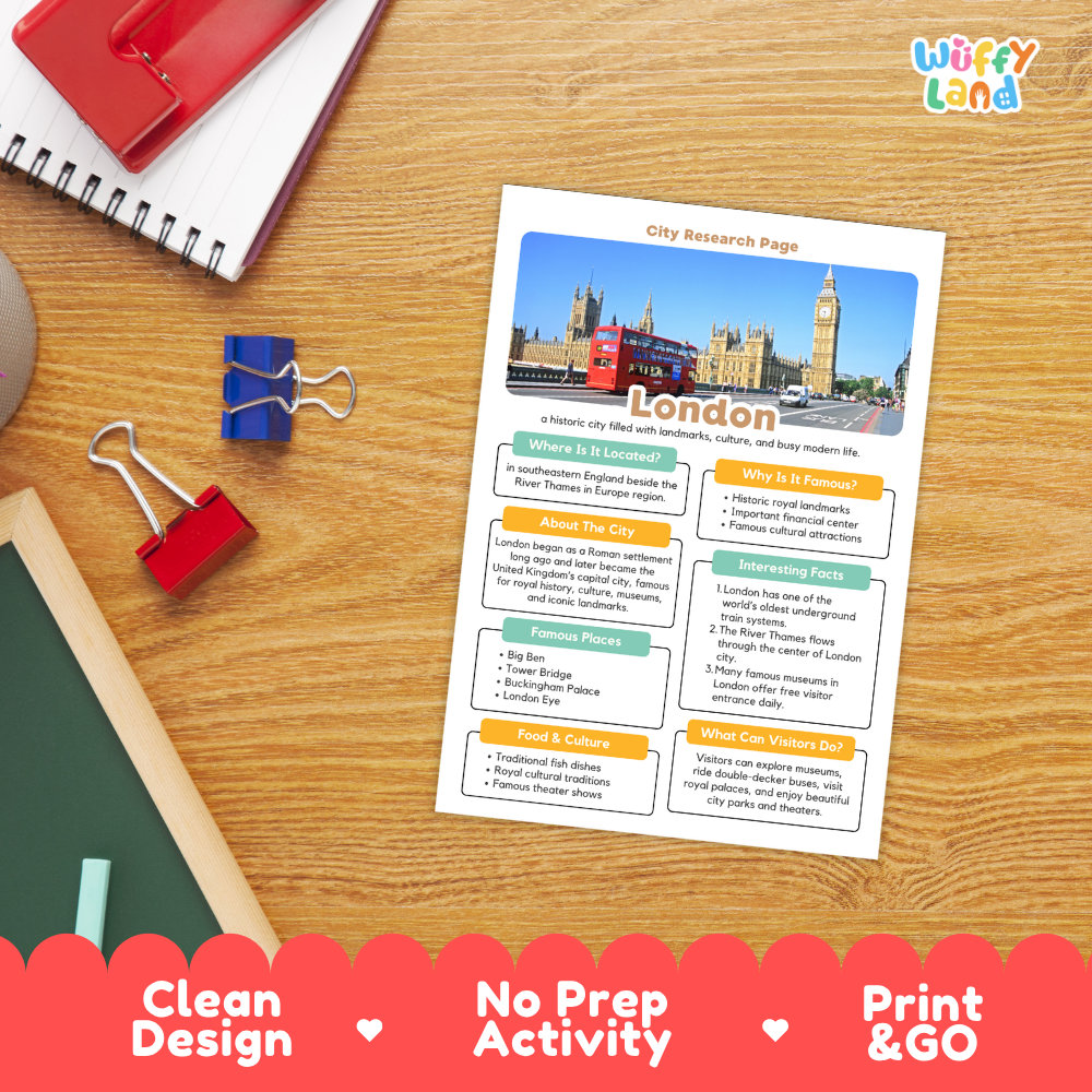 A printed London city research page activity sheet laid on a wooden desk, surrounded by notebooks, binder clips, and a chalkboard. The sheet includes a colorful London photo and text sections for learning.