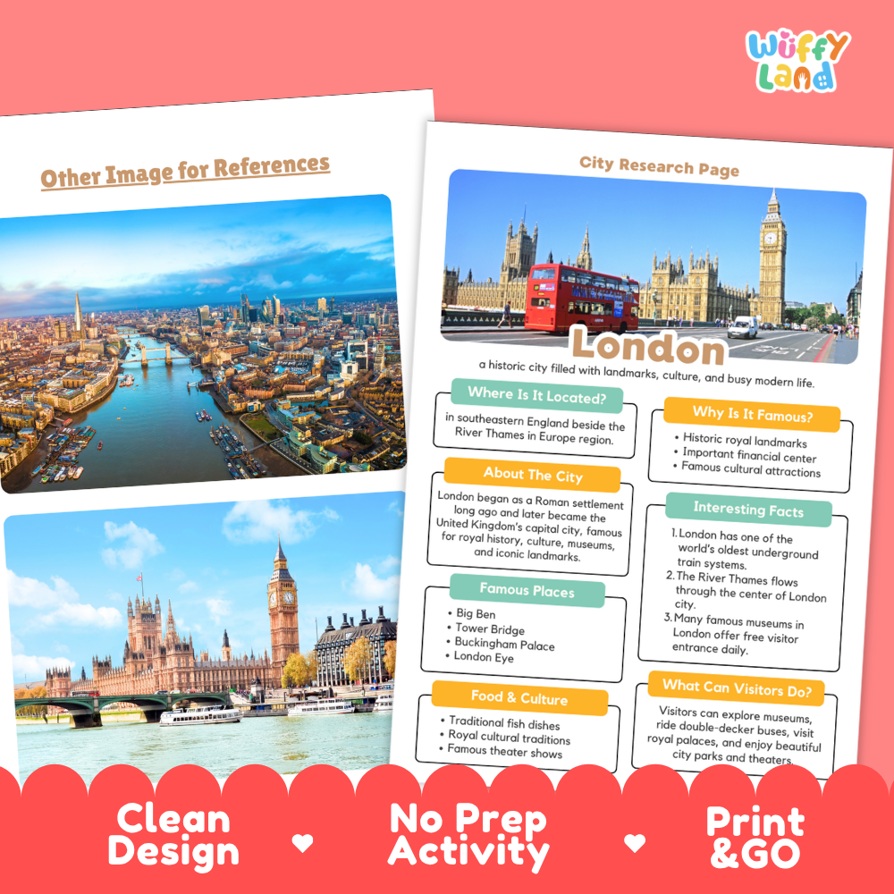 Two printed activity sheets for a London city research page activity, shown on a pink background. The sheets feature a large London skyline photo, text boxes about London, and headings including 'Other Image for References', 'City Research Page', 'London', 'Where Is It Located?', 'Why Is It Famous?', 'About the City', 'Famous Places', 'Food & Culture', and 'Where Can Visitors Do?'.