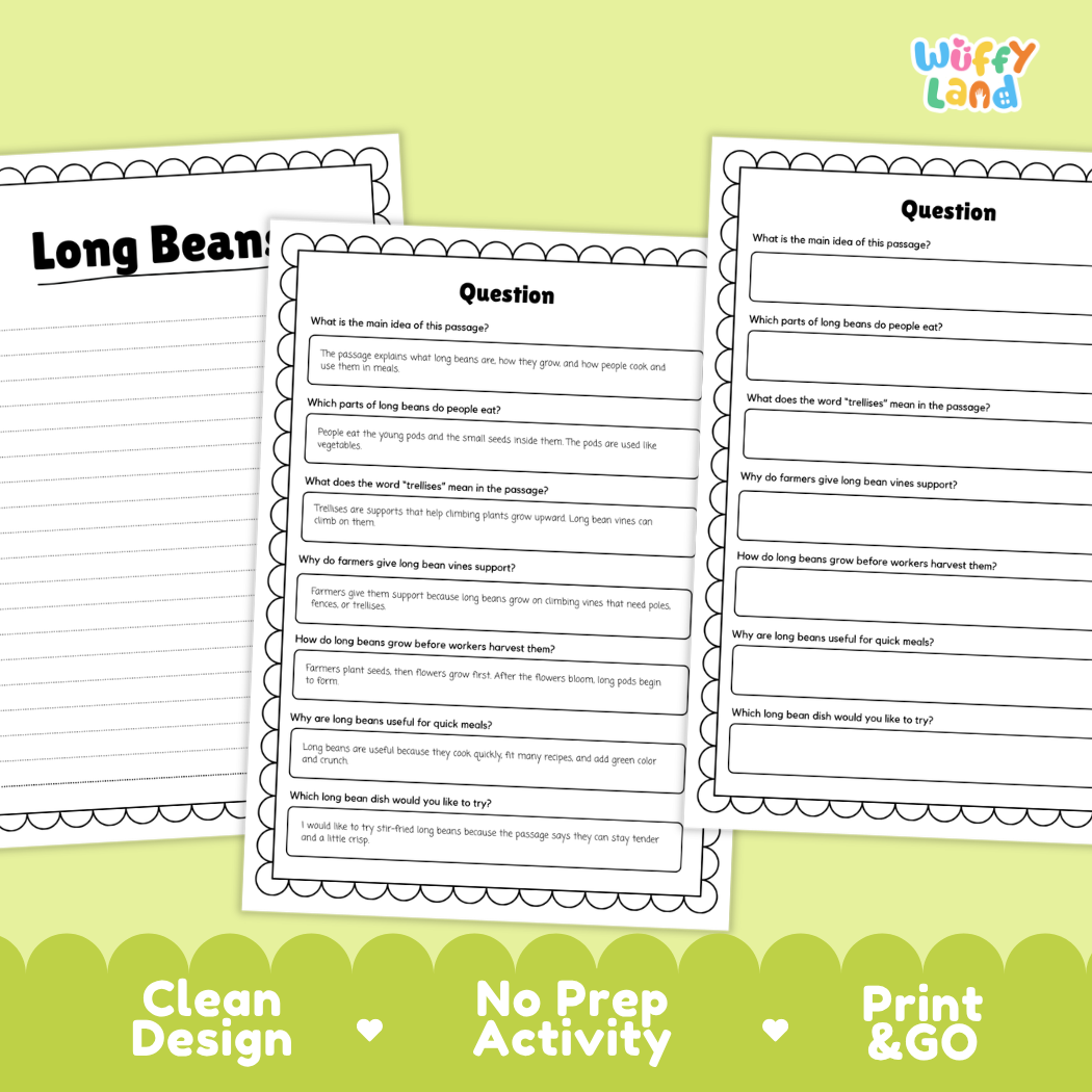 Informational reading passage page detailing long beans climbing vine trellis support long green pods and cooking uses with photos