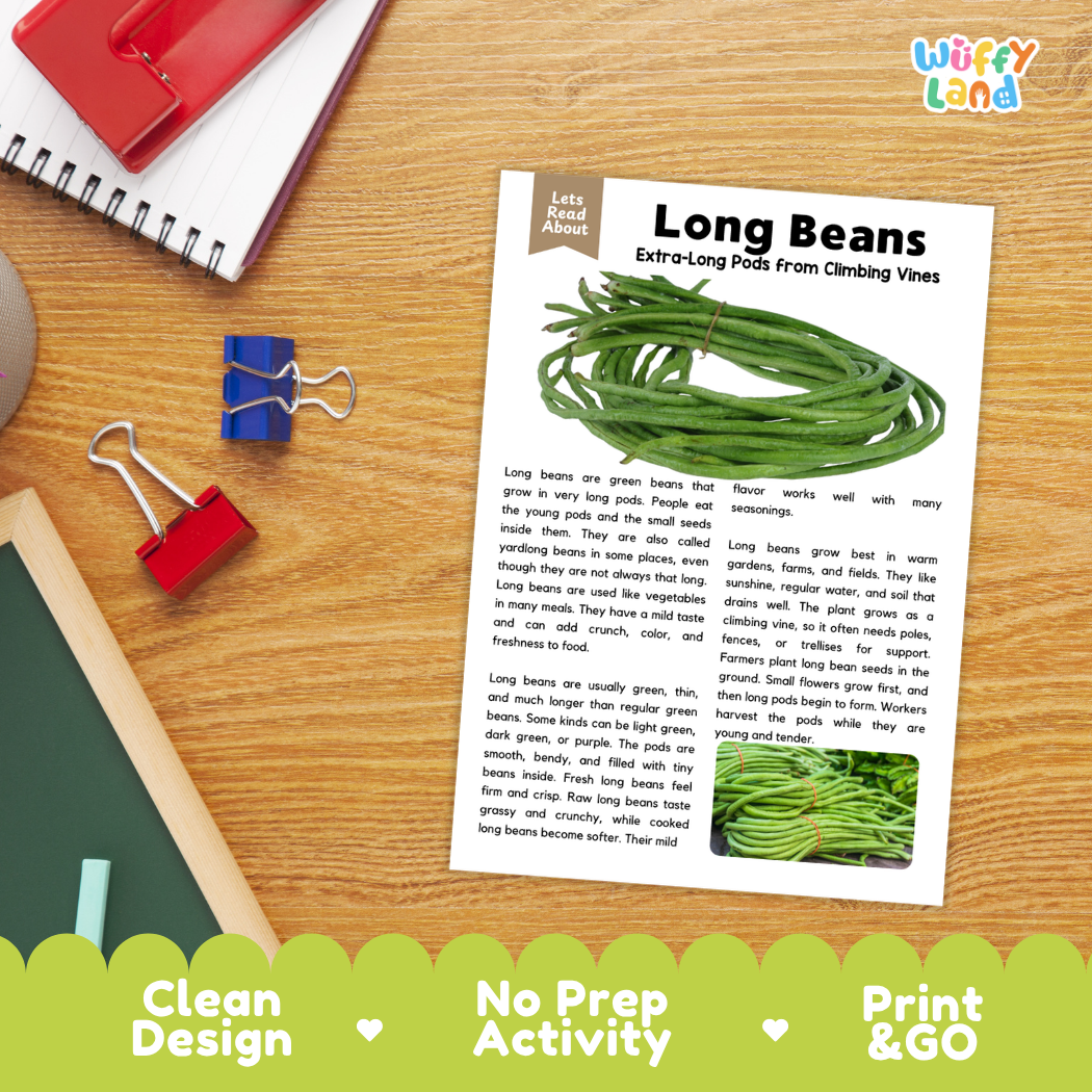Student reading comprehension worksheet with short-answer questions and lined sections about long beans