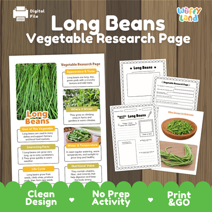 Long Beans Vegetable Research Page Worksheets and Fact Sheet