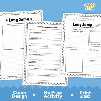 Long Jump Sport Research Project Worksheets and Fact Sheet Activity