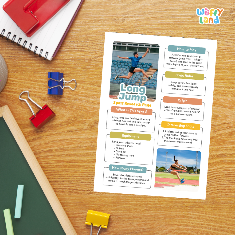 Long Jump Sport Research Project Worksheets and Fact Sheet Activity