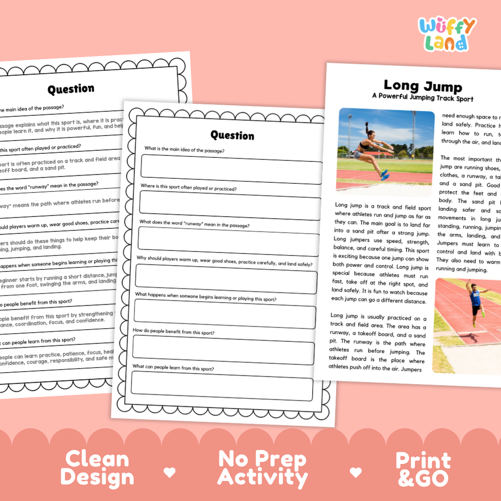 Long Jump Sports Reading Passage and Comprehension Questions Worksheets