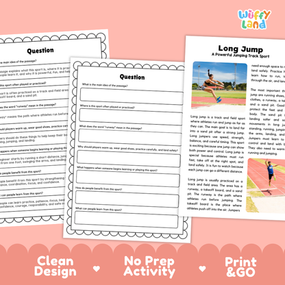 Long Jump Sports Reading Passage and Comprehension Questions Worksheets
