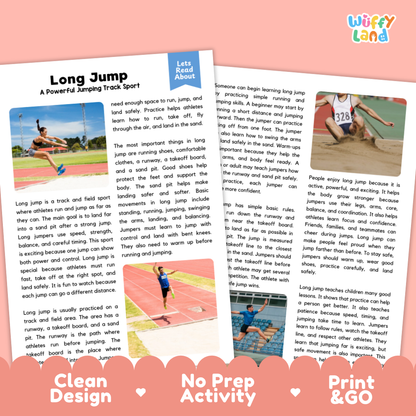 Long Jump Sports Reading Passage and Comprehension Questions Worksheets
