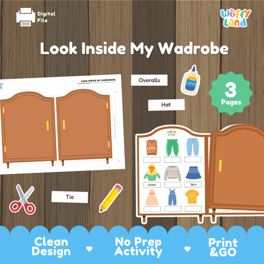 Look inside my wardrobe printable clothes vocabulary and folding craft activity pack overview from Wuffy Land featuring 3 pages 🚪👗