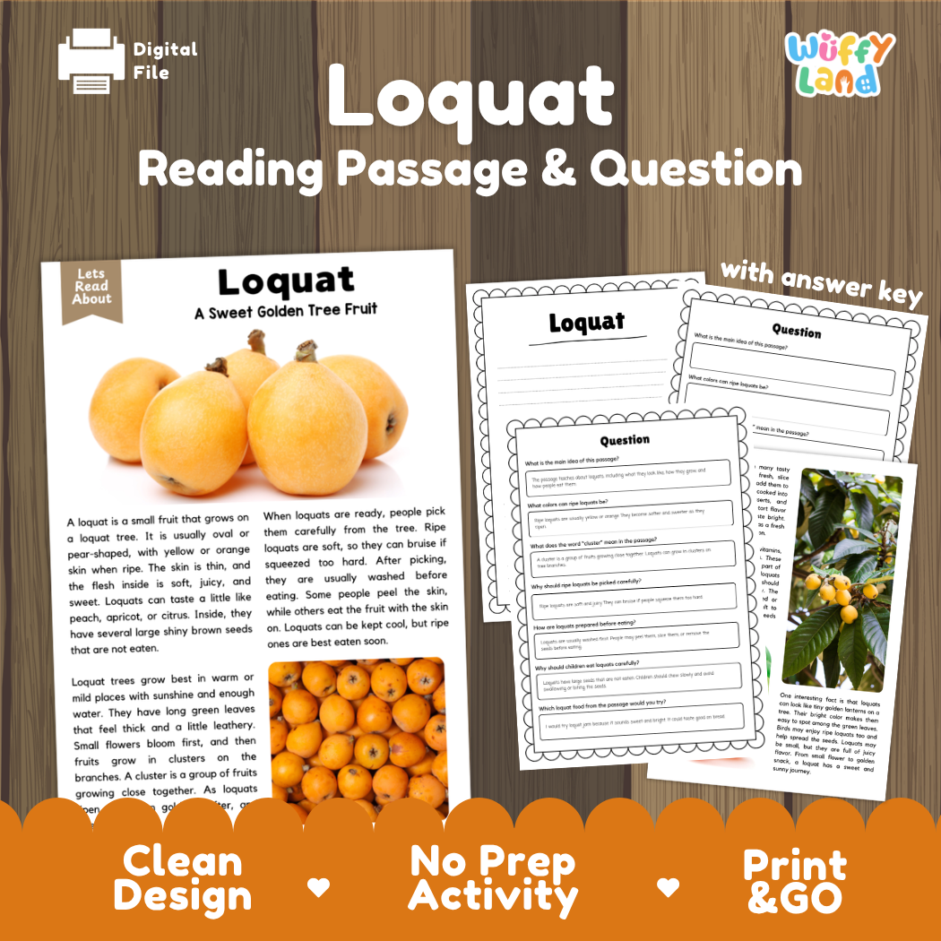 Loquat reading comprehension passage and questions printable activity pack with answer key for elementary students