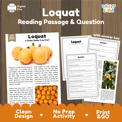 Loquat reading comprehension passage and questions printable activity pack with answer key for elementary students