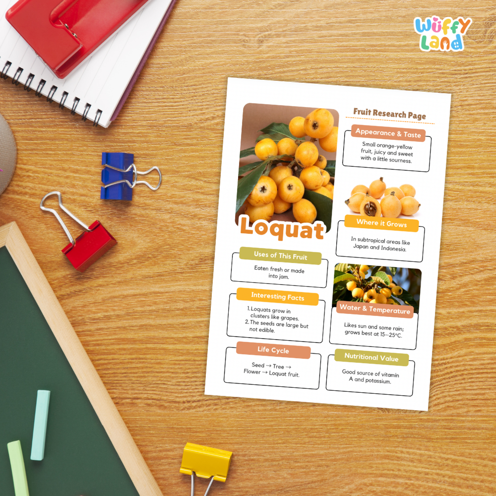 A printed fruit research page about loquat fruit is laid on a wooden desk, surrounded by school-style props including a spiral notebook, binder clips, chalk, and a green board. The page has colorful text boxes, fruit photos, and headings including 'Loquat' and 'Fruit Research Page.
