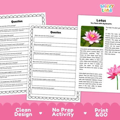 Printable reading passage detailing lotus plants, aquatic habitats, and plant parts