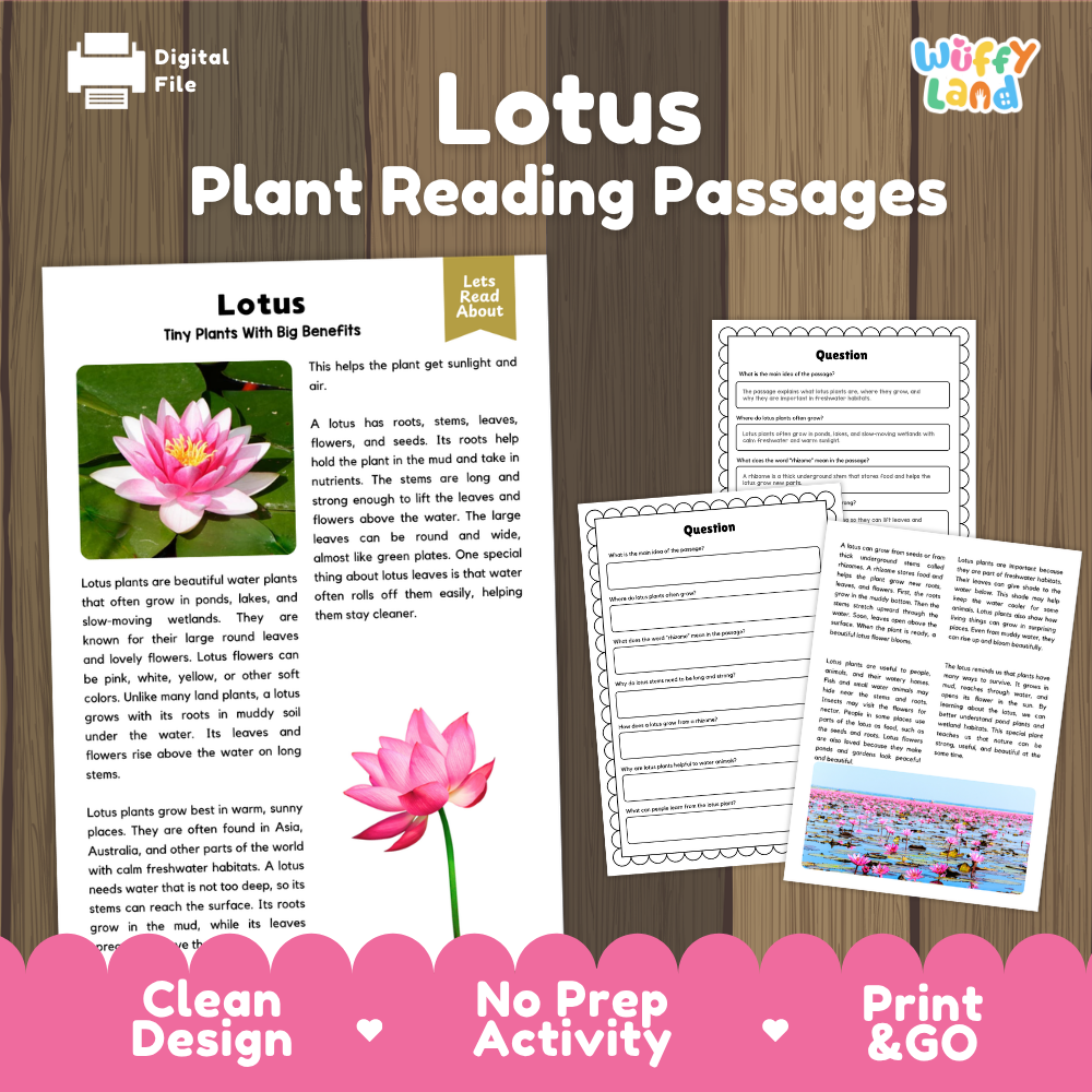 Lotus plant reading passages cover showing printable reading texts, comprehension worksheets, and photographic visuals