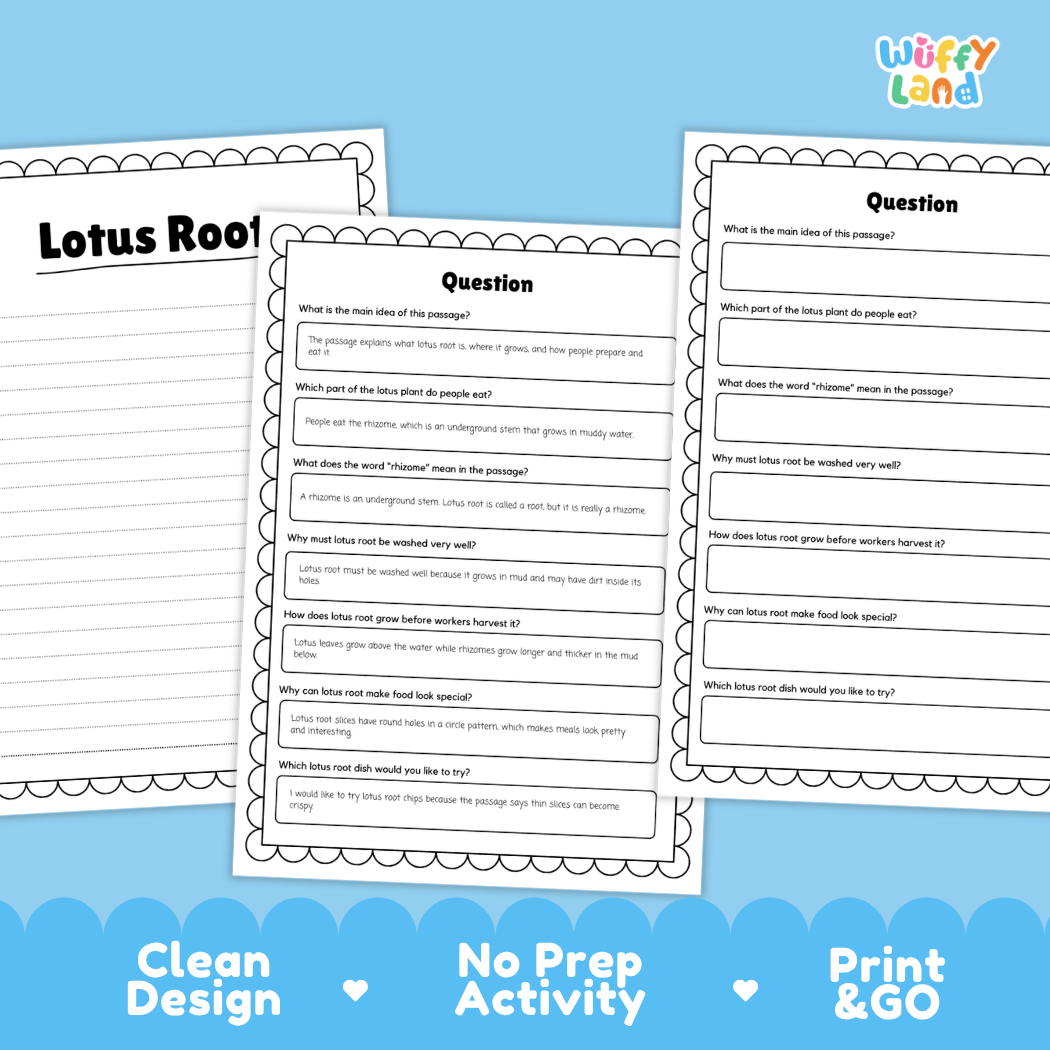 Informational reading passage page detailing lotus root rhizome anatomy water plant farming and culinary uses with photos