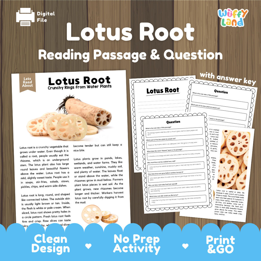 Lotus root reading comprehension passage and questions printable activity pack with answer key for elementary students