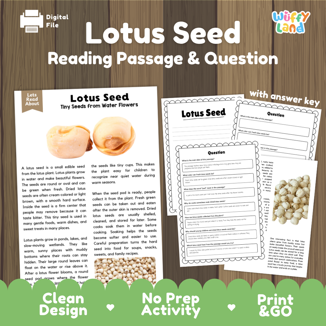 Digital educational activity sheet set titled 'Lotus Seed Reading Passage & Question' on a wood-grain background. The image shows preview pages for a reading passage with an embedded lotus seed photo, worksheet question pages, and a green banner at the bottom reading 'Clean Design', 'No Prep Activity', and 'Print & GO'.