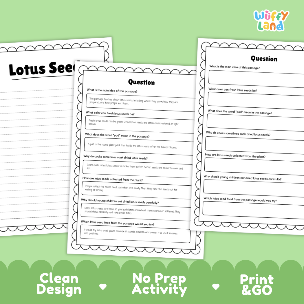 Three printable worksheet pages for a lotus seed activity, displayed on a light green background with decorative text reading 'Clean Design', 'No Prep Activity', and 'Print & GO'. The brand name 'Wiffi Land' appears in the top right corner.