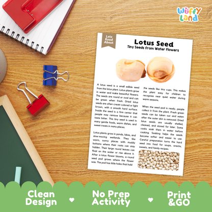 A printed educational activity sheet titled 'Lotus Seed' lies on a wooden desk, surrounded by school supplies including a red notebook, blue binder clips, and a pencil. The sheet includes a small photo of a lotus seed and a short text activity.