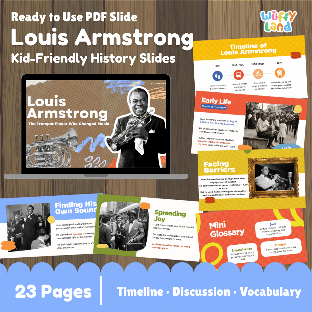 Promotional graphic for a digital product: 'Ready to Use PDF Slide Louis Armstrong Kid-Friendly History Slides' by Wiffly Land. The image shows a laptop mockup with a preview slide and several colorful slide thumbnails arranged around it on a wood background, with text indicating 23 pages and included content types: Timeline, Discussion, and Vocabulary.