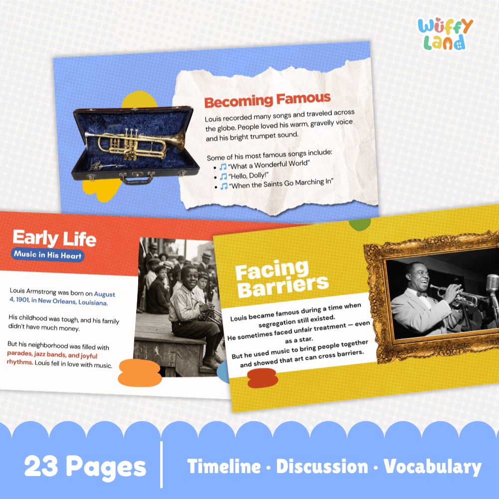 Educational poster set for 'Louis Armstrong: Becoming Famous' by Wuffy Land, featuring colorful timeline pages with text, photos, and illustrations of a trumpet and framed pictures on a light blue and white background.