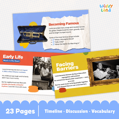 Educational poster set for 'Louis Armstrong: Becoming Famous' by Wuffy Land, featuring colorful timeline pages with text, photos, and illustrations of a trumpet and framed pictures on a light blue and white background.