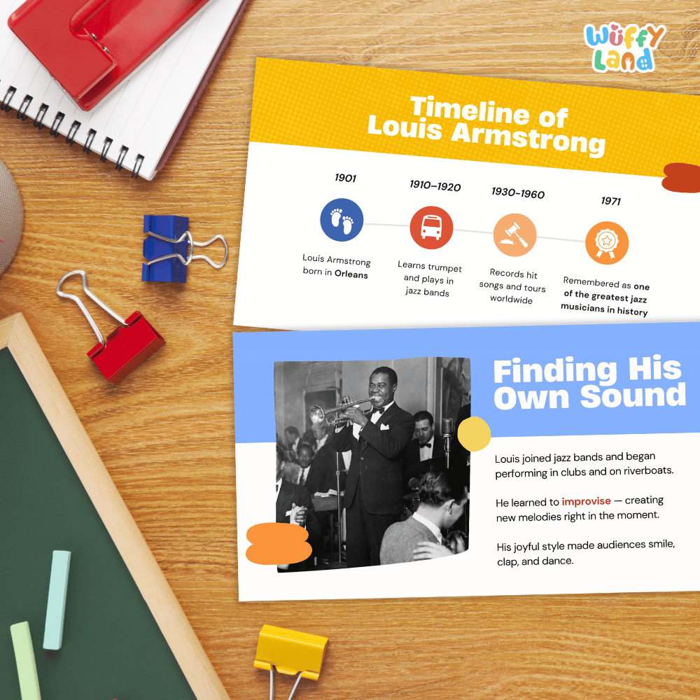 An educational poster titled 'Timeline of Louis Armstrong' laid out on a wooden desk with school supplies like a spiral notebook, binder clips, chalk, and a red folder around it. The poster has a yellow top section with timeline markers and a blue lower section with a black-and-white photo and text about Louis Armstrong.