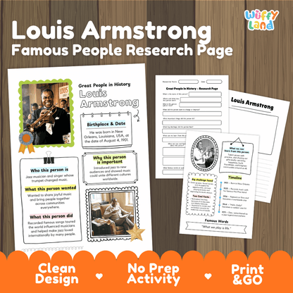 Louis Armstrong Famous People Research Page Worksheets and Biography Activity