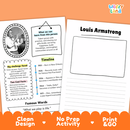 Louis Armstrong Famous People Research Page Worksheets and Biography Activity