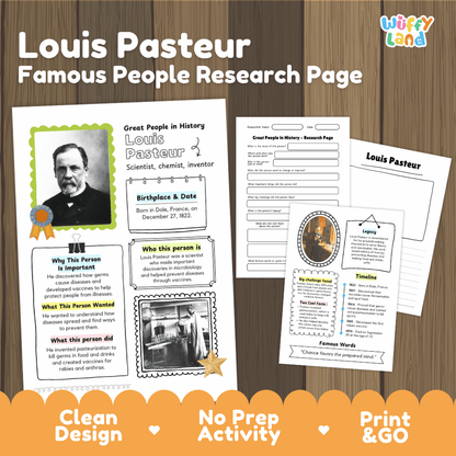 Louis Pasteur Famous People Research Page Worksheets
