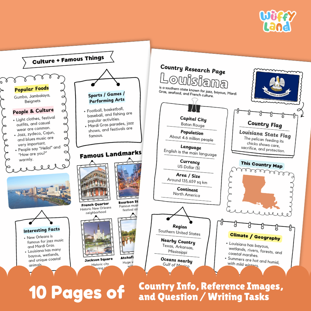 Louisiana Country Research Project Worksheets and Activity Pages