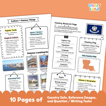 Louisiana Country Research Project Worksheets and Activity Pages