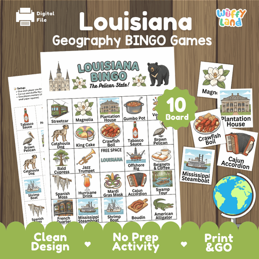Louisiana Geography Bingo Games Printable State Study Activities