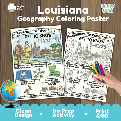 Louisiana State Geography Coloring Poster | US States Study Research Worksheet Activity
