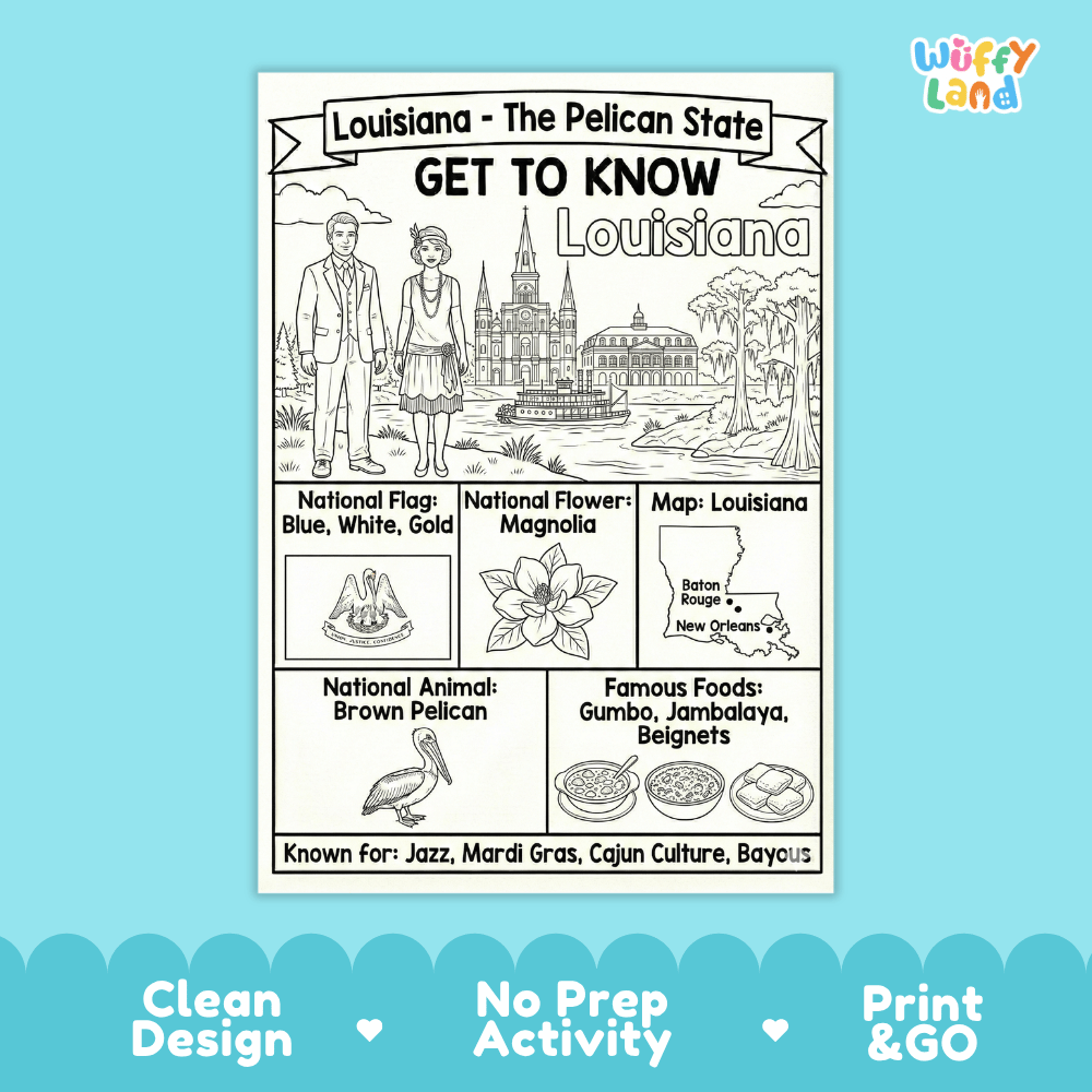 Louisiana State Geography Coloring Poster | US States Study Research Worksheet Activity