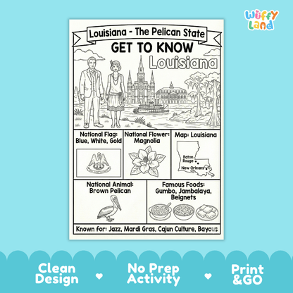 Louisiana State Geography Coloring Poster | US States Study Research Worksheet Activity