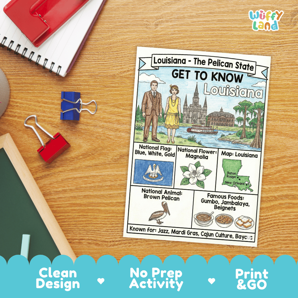 Louisiana State Geography Coloring Poster | US States Study Research Worksheet Activity