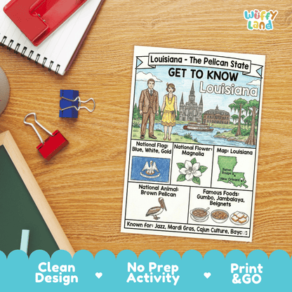 Louisiana State Geography Coloring Poster | US States Study Research Worksheet Activity