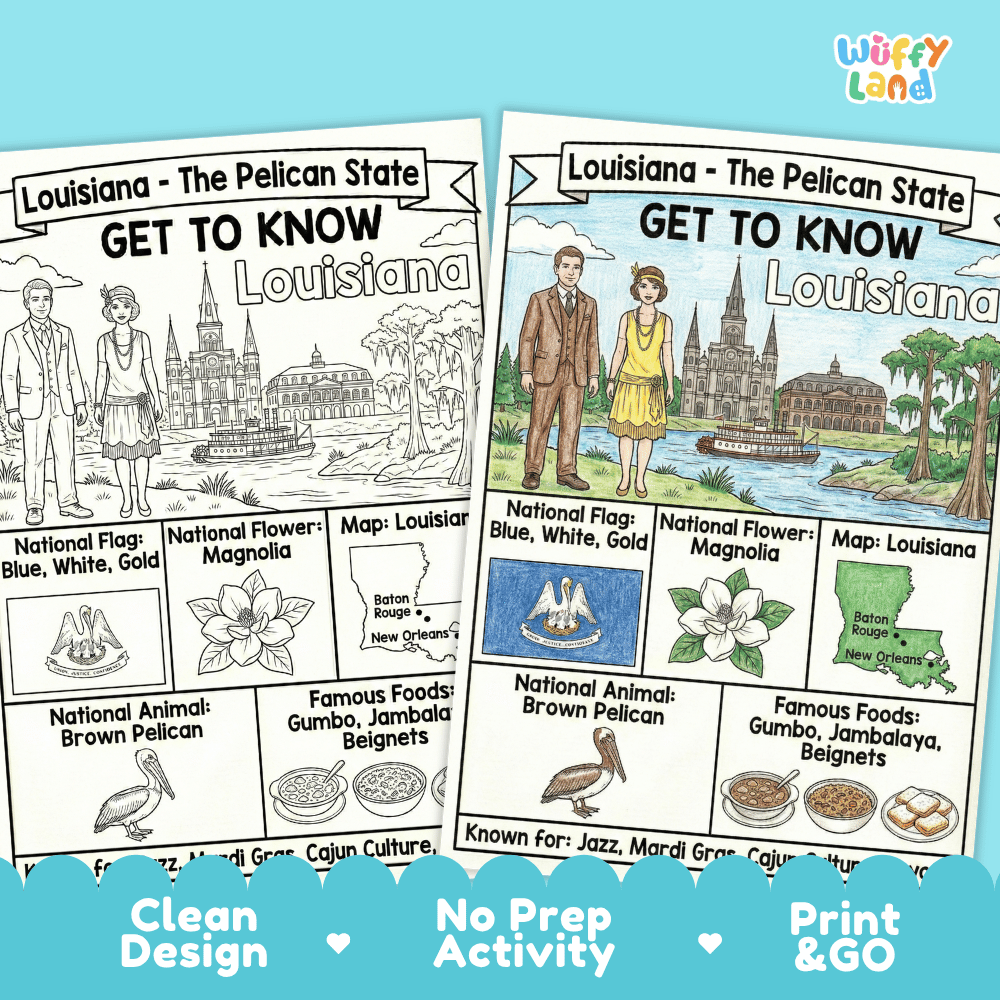 Louisiana State Geography Coloring Poster | US States Study Research Worksheet Activity