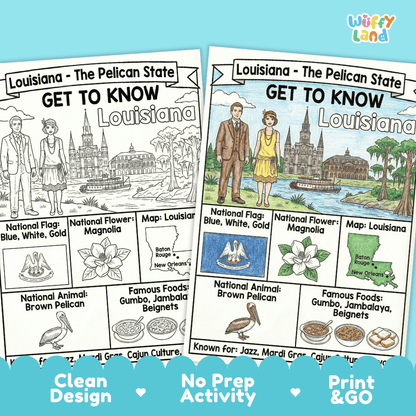 Louisiana State Geography Coloring Poster | US States Study Research Worksheet Activity