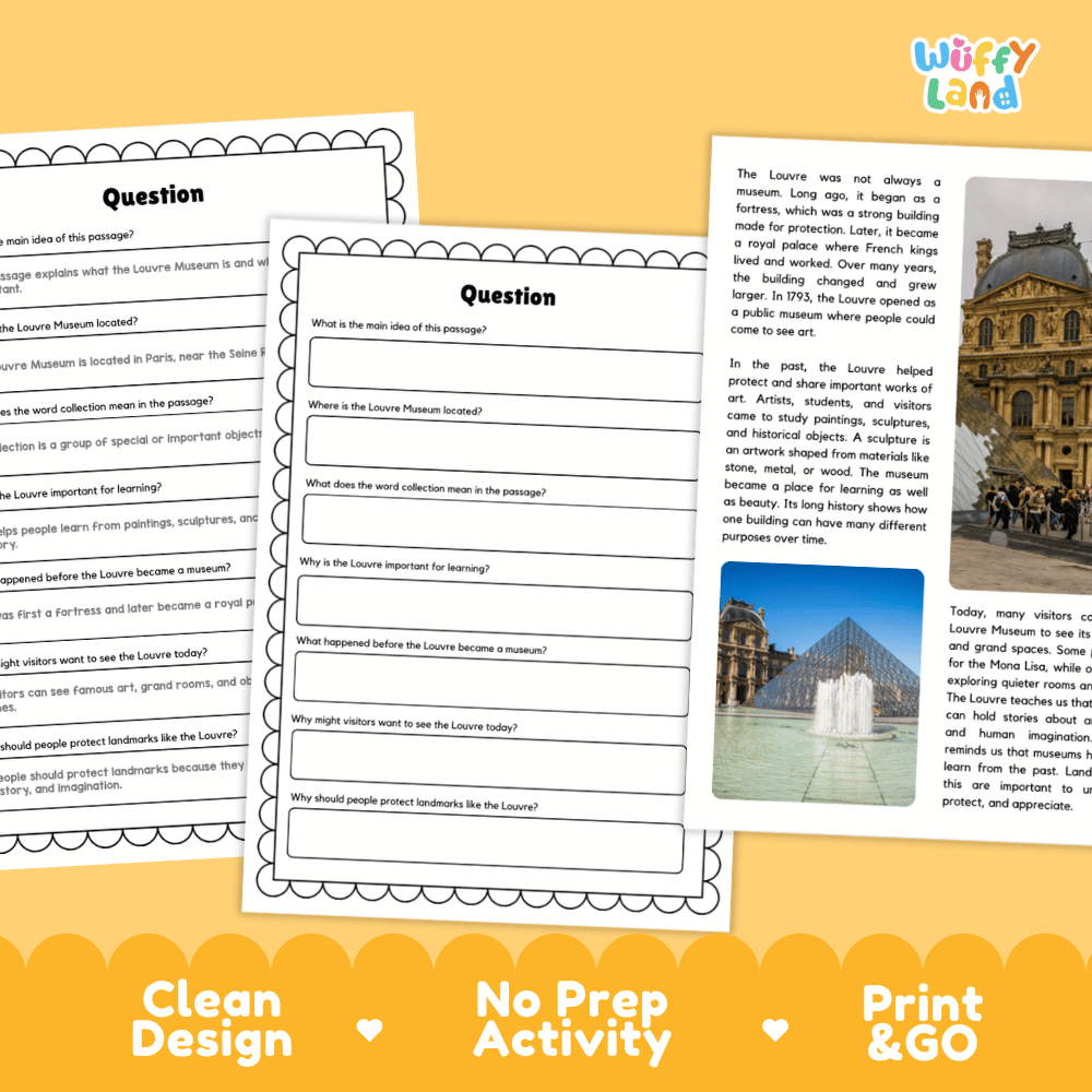 Louvre Museum Landmark Reading Passages and Comprehension Worksheets