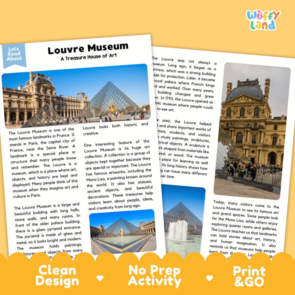 Louvre Museum Landmark Reading Passages and Comprehension Worksheets