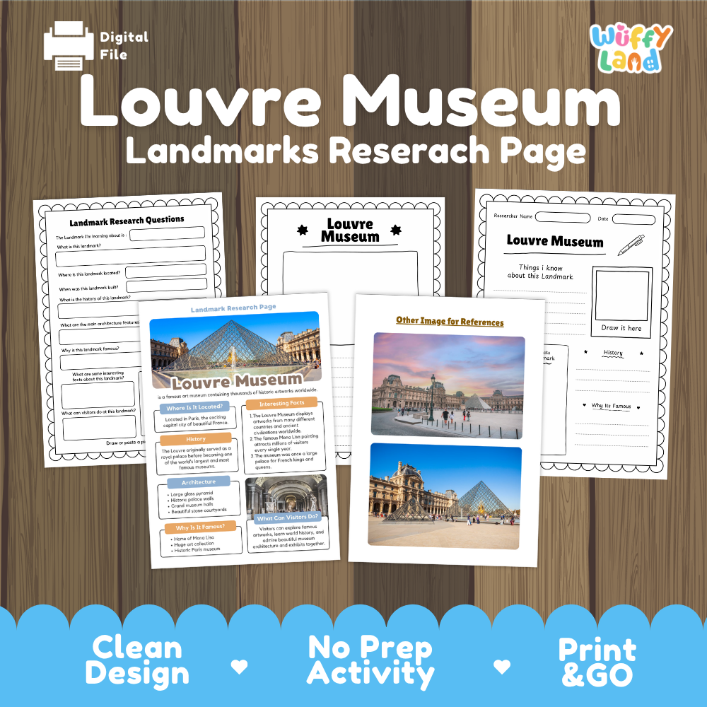 Digital preview of a 'Louvre Museum Landmarks Research Page' activity sheet set by Wiffy Land, displayed on a wood-grain background with a blue banner at the bottom highlighting key features.